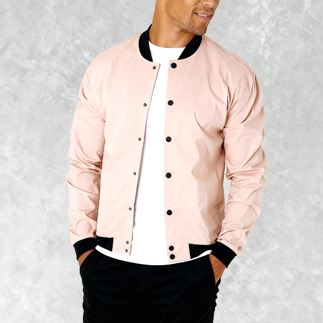 Men's lightweight bomber jacket with snaps, light pink rose