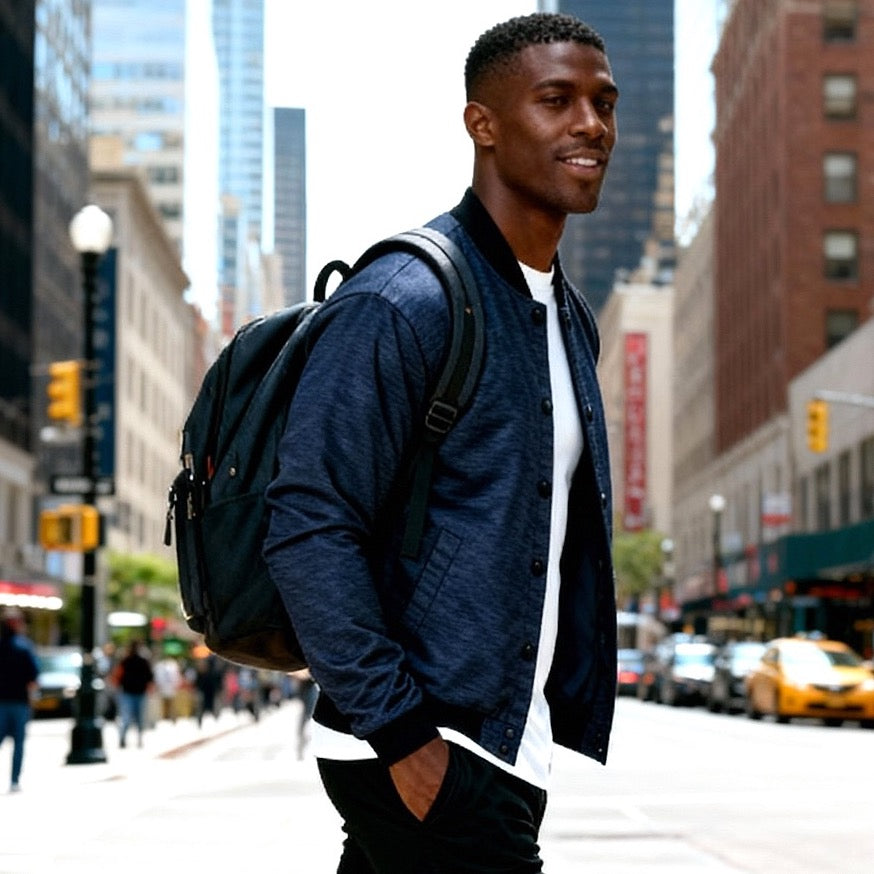 Men's lightweight bomber jacket with snaps, navy heather – Claim