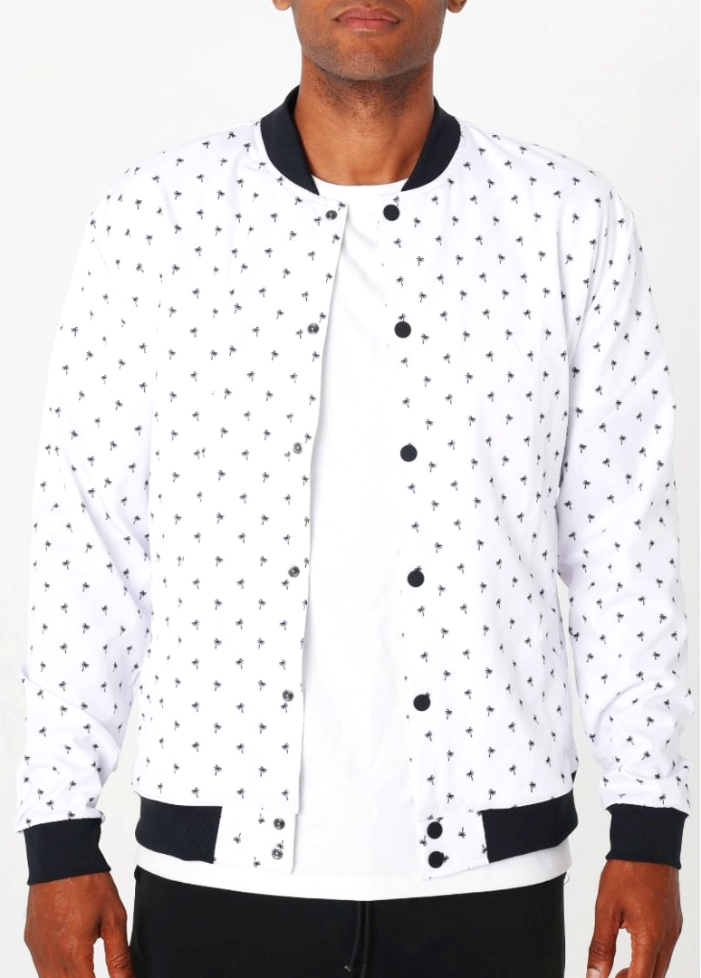 White Palm Tree Print Bomber Jacket