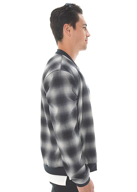 Men's lightweight bomber jacket with snaps, black grey plaid