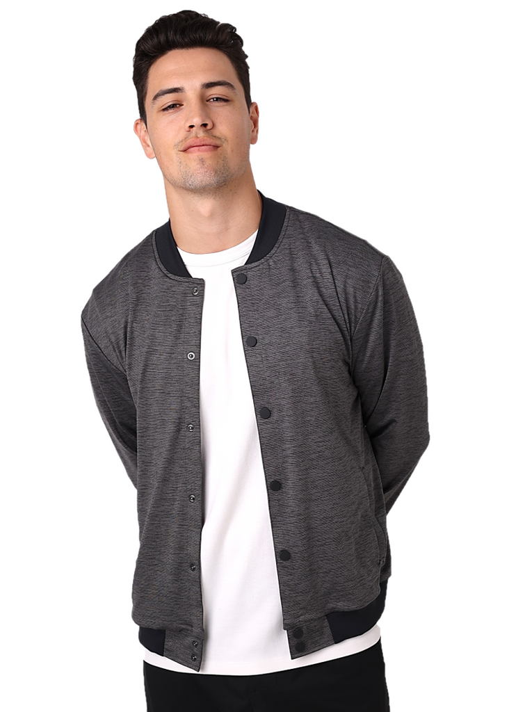 Men's lightweight bomber jacket with snaps, dark heather grey