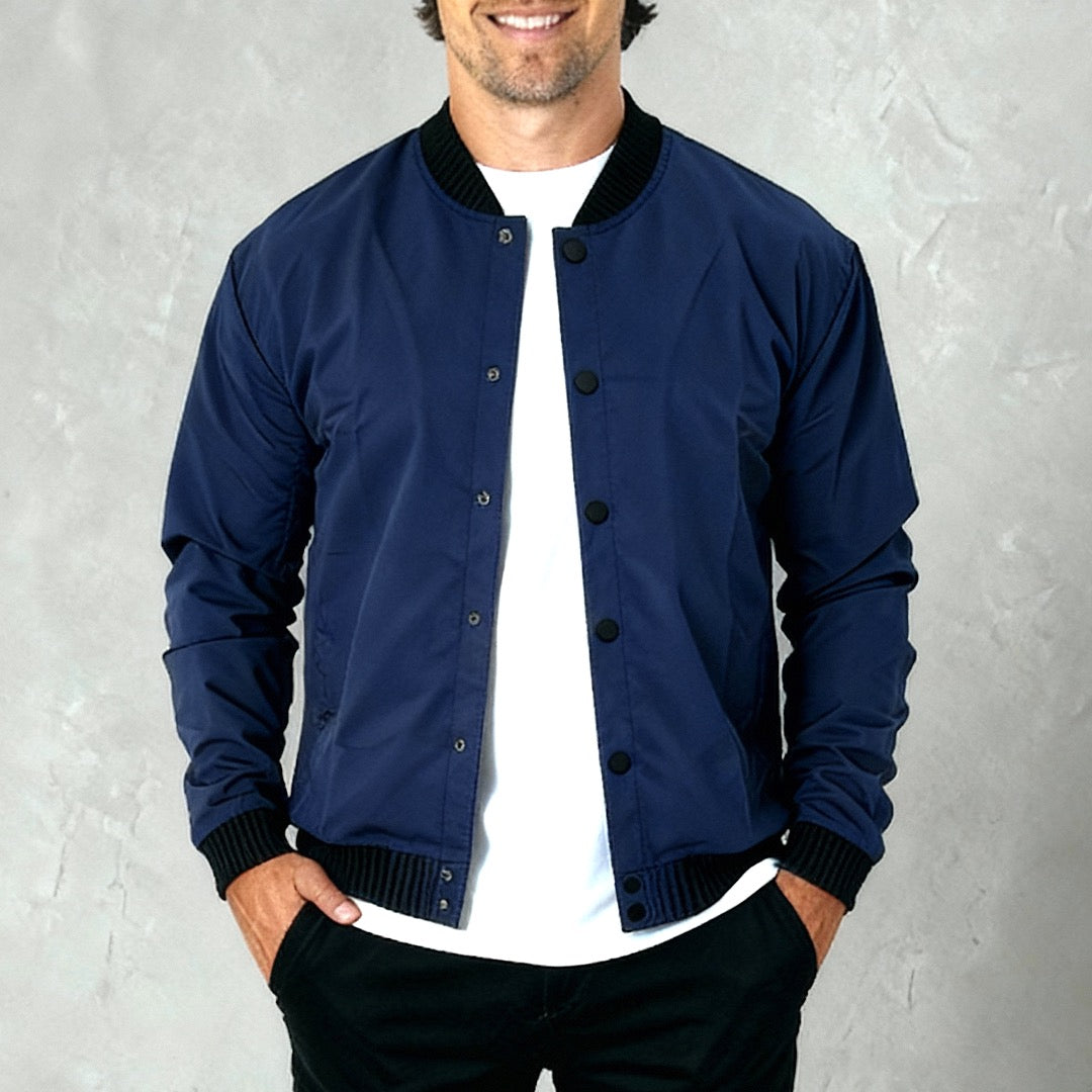Men's lightweight bomber jacket with snaps, navy blue – Claim Defame