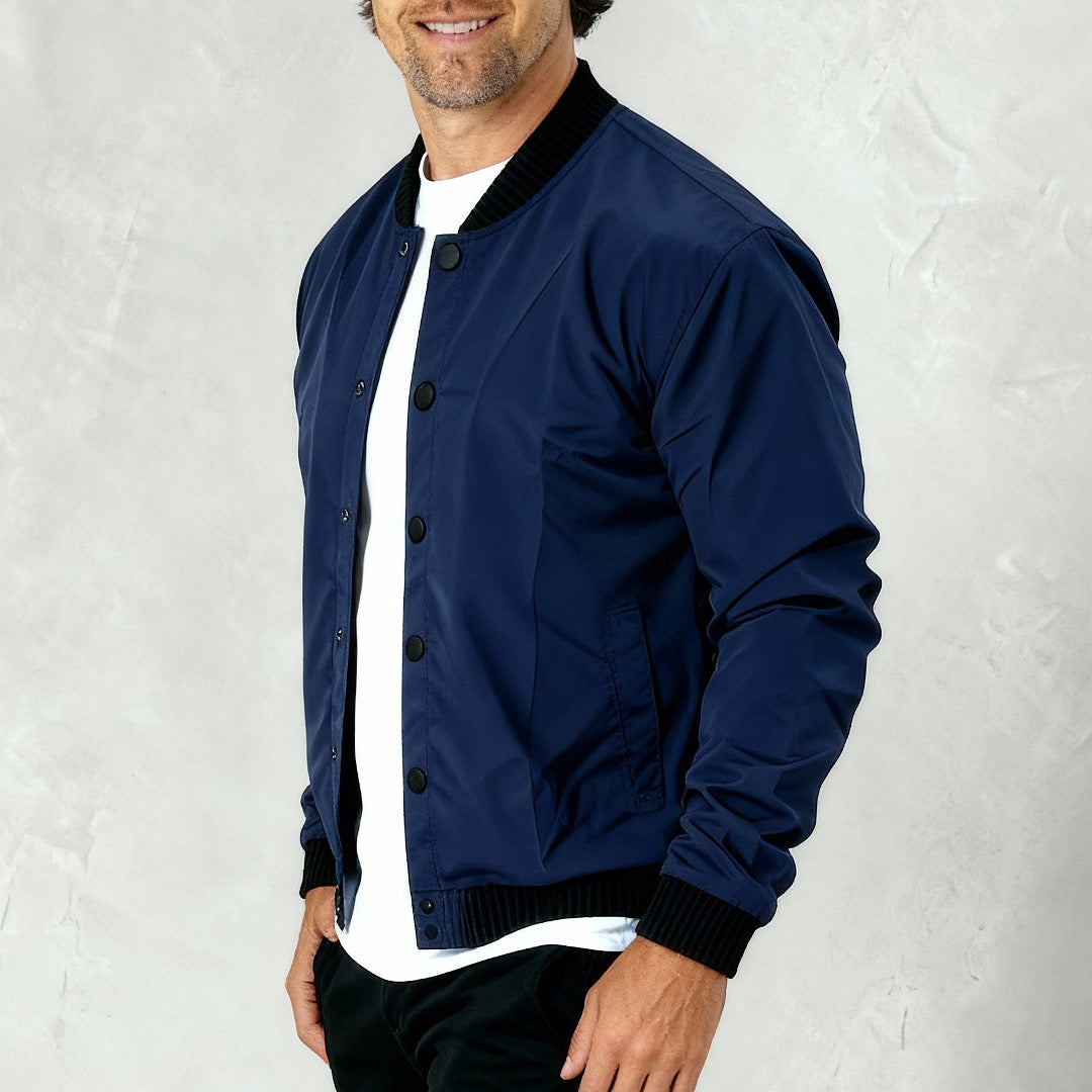 Men's lightweight bomber jacket with snaps, navy blue – Claim Defame