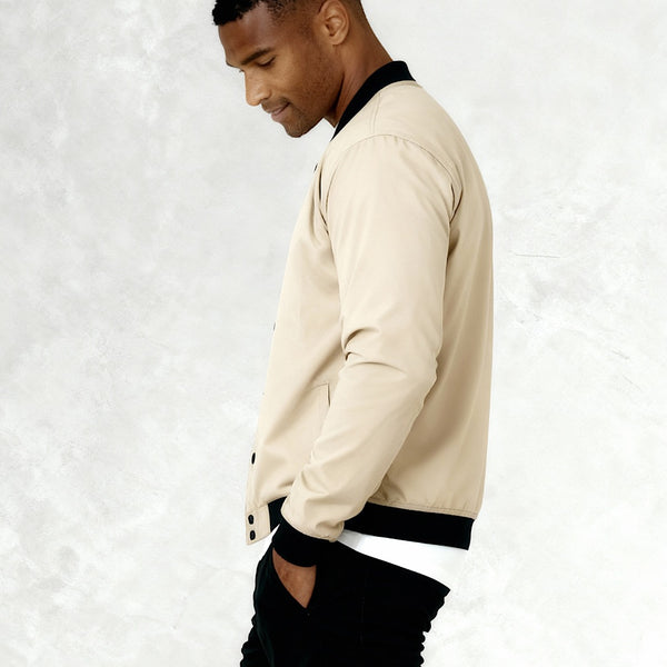 Men's lightweight bomber jacket with snaps, tan brown heather