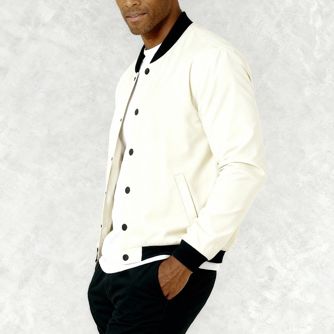 Men's lightweight bomber jacket with snaps, cream white – Claim Defame