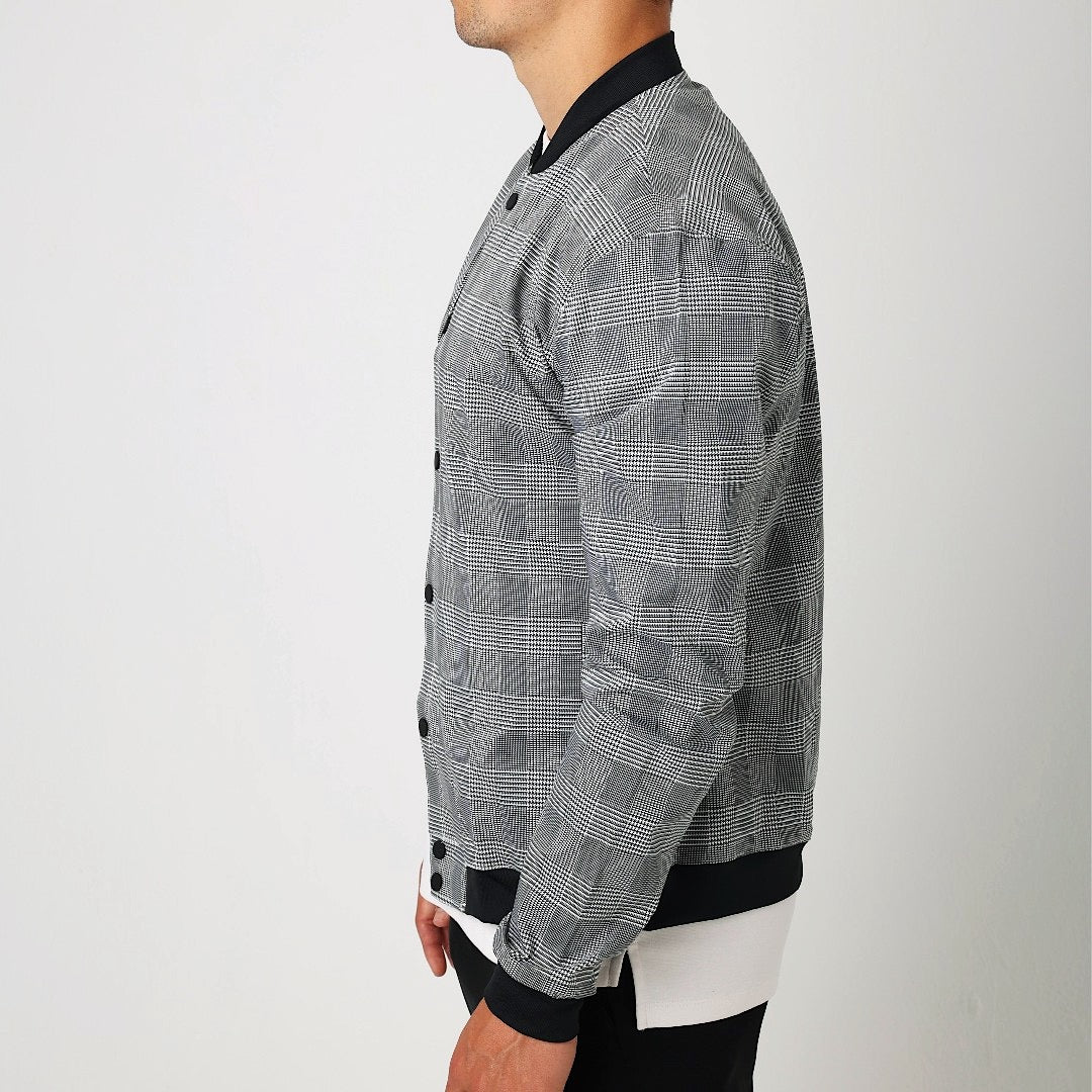 Men's lightweight bomber jacket with snaps, grey plaid check