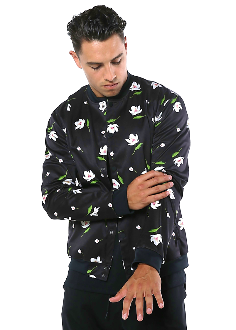 Men s lightweight bomber jacket with snaps black and white floral print Claim Defame