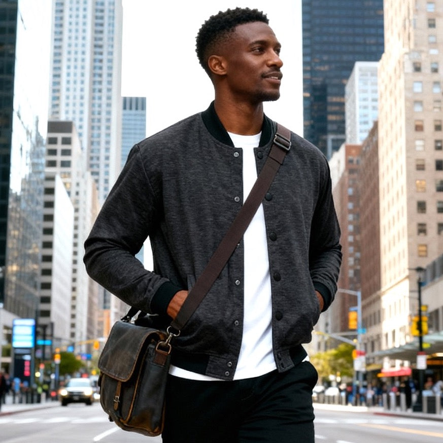 Men's lightweight bomber jacket with snaps, grey plaid check