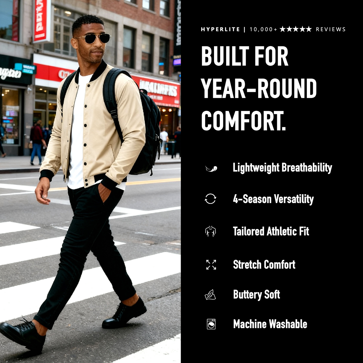 Men's lightweight bomber jacket with snaps, tan brown heather