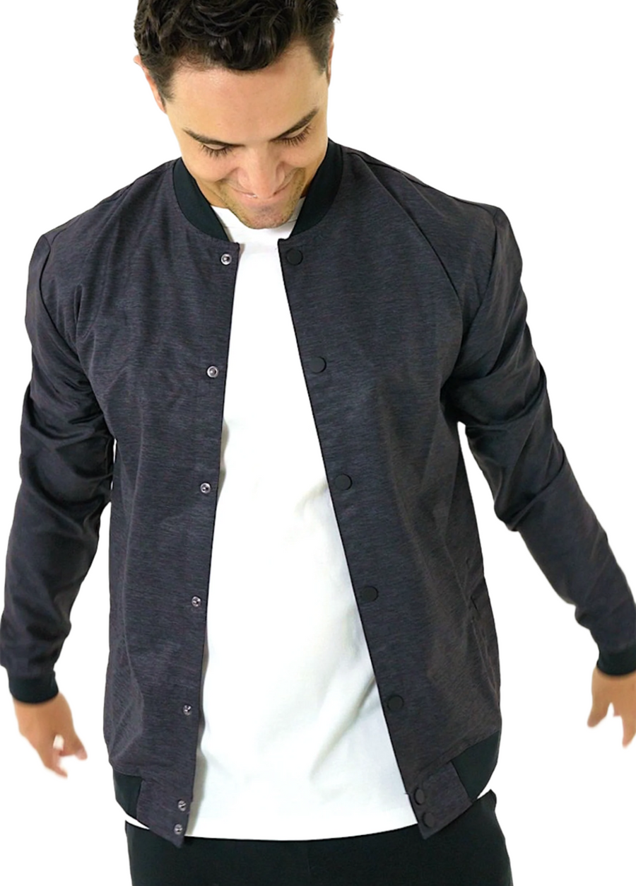 Men's lightweight bomber jacket with snaps, dark heather