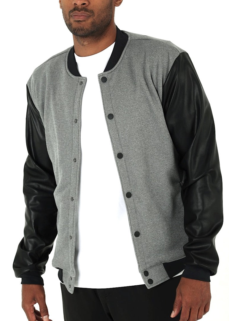 Heather Grey Bomber Jacket with Leather Sleeves