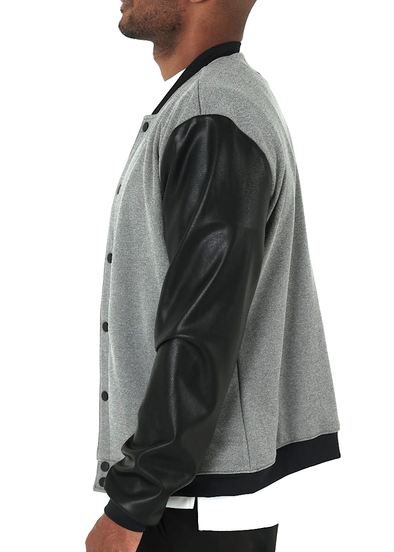 Heather Grey Bomber Jacket with Leather Sleeves