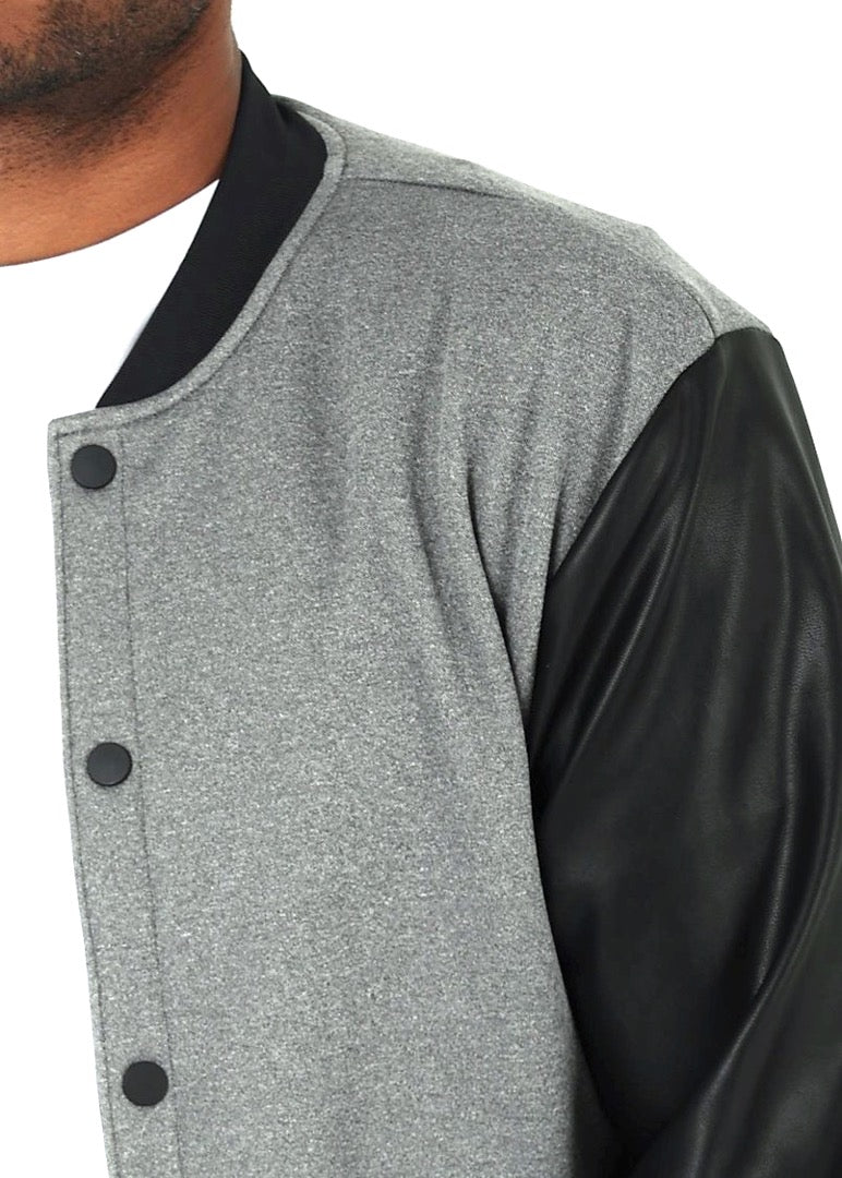 Heather Grey Bomber Jacket with Leather Sleeves