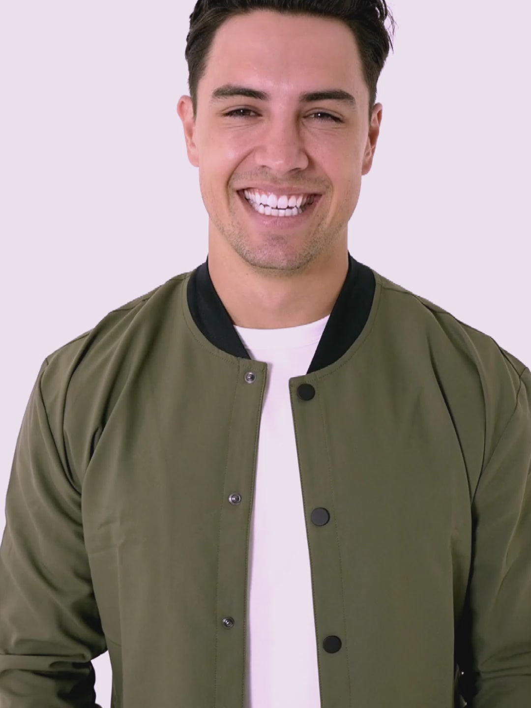 Men's lightweight bomber jacket with snaps, olive army green