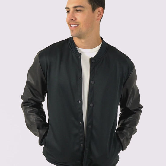 Black Bomber Jacket with Leather Sleeves