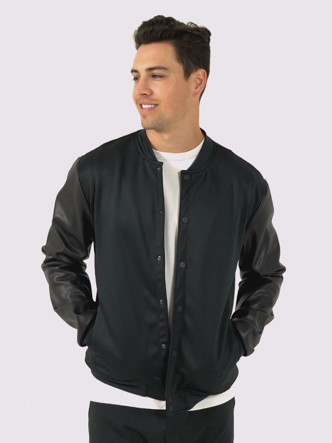 Black Bomber Jacket with Leather Sleeves