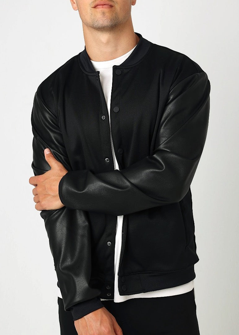 Black Bomber Jacket with Leather Sleeves