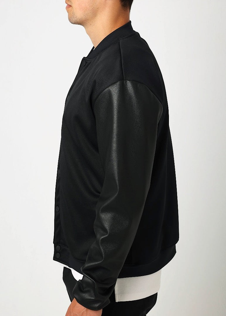 Black Bomber Jacket with Leather Sleeves