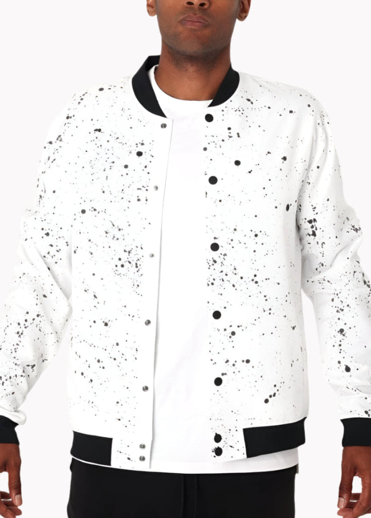 white paint splatter bomber jacket