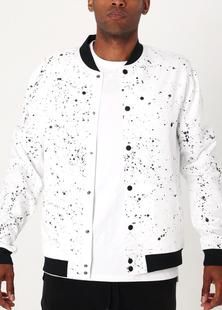 white paint splatter bomber jacket