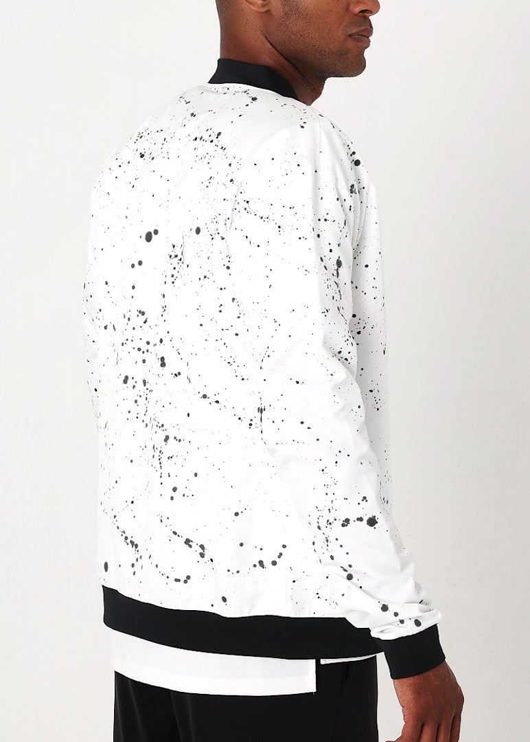 white paint splatter bomber jacket