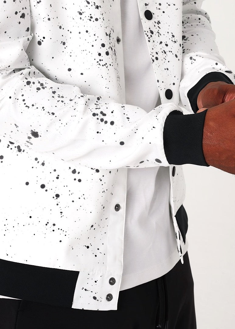 white paint splatter bomber jacket